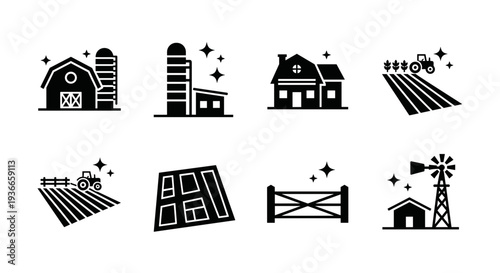 A set of farm icons on transparent background, featuring rural buildings and agricultural symbols in a minimalist flat design