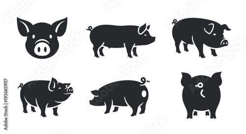 A set of six black pig silhouettes on transparent background