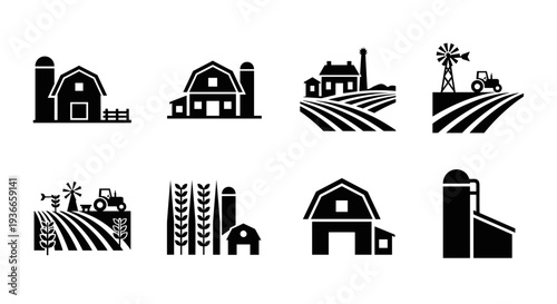 A set of black and white farm icons on transparent background