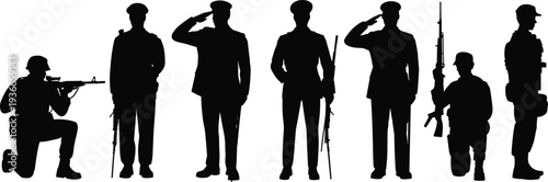 Military Soldiers Saluting and Armed Combat Silhouette Set Army Personnel Standing and Kneeling Defense Forces Vector Illustration Collection