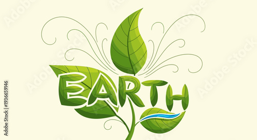 Green Earth Text with Leaf and Swirls - Eco-friendly Concept