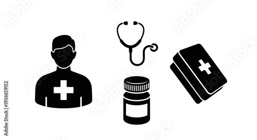 A set of medical icons including a doctor, stethoscope, pill bottle, and medical book on transparent background
