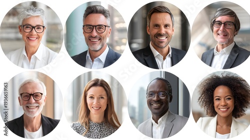 Diverse Leadership: A collage of diverse male and female executives in business formal wear, circular frames