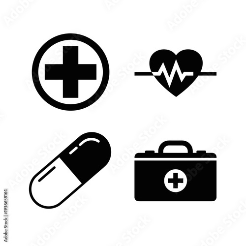 A set of medical icons including a first aid kit, pill, and heart rate symbol on transparent background
