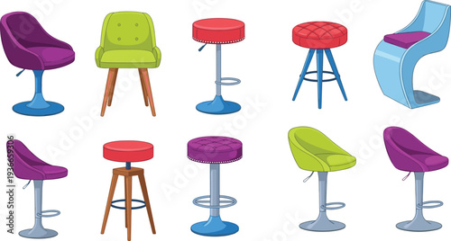 Modern chair and stool collection colorful furniture set with bar stools and lounge seats vector illustration interior design elements isolated on white