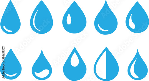Vector blue water drop icon set. Flat droplet logo shapes collection
