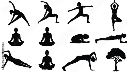 Yoga silhouette vector illustration, diverse poses including warrior, tree, plank, meditation with nature element for fitness, design, logo, tattoo