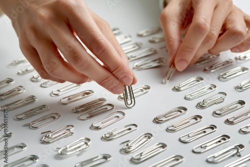 Close-up of a person sorting stationery supplies in a meticulous pattern representing order productivity administrative tasks and obsessive compulsive disorder symptoms