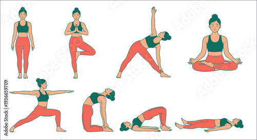 Illustration of a woman demonstrating various yoga poses and stretches