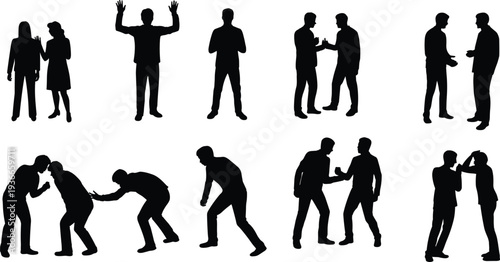 People arguing and talking silhouettes collection, men and women conversation conflict discussion poses set for communication social interaction illustration