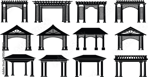Pergola and Gazebo Silhouettes Vector Set Featuring Garden Arches Wooden Pavilions and Outdoor Structures for Landscape Architecture Decoration and Park Design Collection