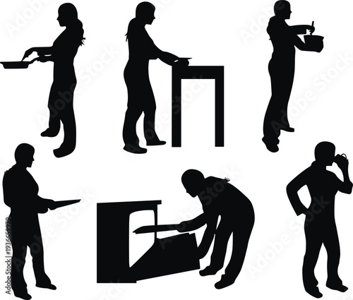 People Cooking Silhouettes Vector Set Featuring Women Preparing Food Frying Baking and Drinking Activities for Kitchen Lifestyle and Domestic Work Design