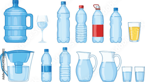 Plastic Water Bottles, Glasses and Pitchers Collection Set Isolated Vector Illustration Featuring Drinking Water Containers and Beverage Packaging on White Background