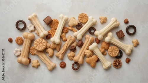 Assorted dog chew bones, rubber rings, and natural treats arranged attractively on a plain neutral surface. Generative AI