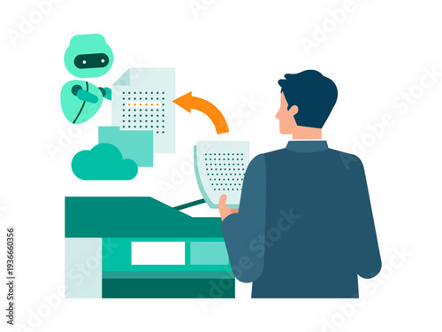 Businessman scanning paper documents on an office copier while AI robot automatically sorts and uploads files to cloud storage