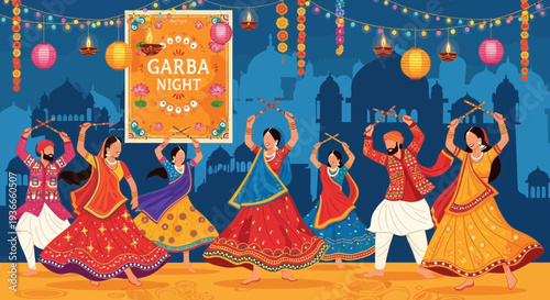 Garba Night Celebration: People Dancing in Traditional Indian Attire Under Festive Lights