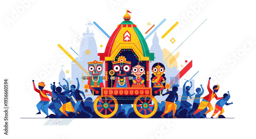 Rath Yatra Festival Celebration: Jagannath Deity in Chariot with Devotees Dancing