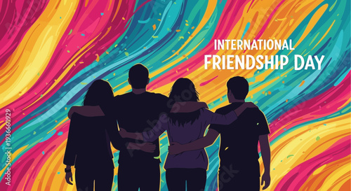 Diverse friends embracing, celebrating International Friendship Day with vibrant abstract background