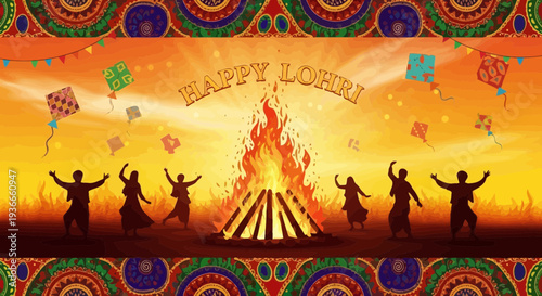 Happy Lohri Festival Celebration: Bonfire, Dancing People, Kites, and Traditional Art
