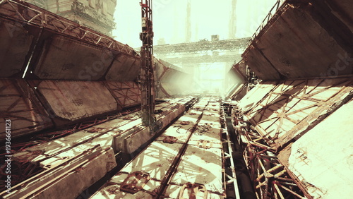 Εκτύπωση καμβά Sunlit abandoned drydock corridor with rust and sunlit tracks leading toward dis