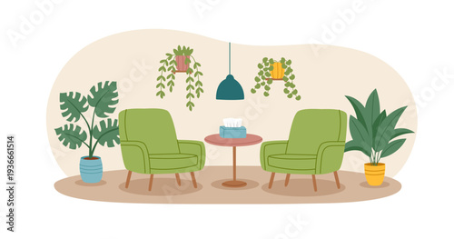 Interior of room, office, doctor's office or psychotherapist's office with green plants and armchairs2. Concept of relax, psychotherapy, support, communication, treatment. Vector flat background.