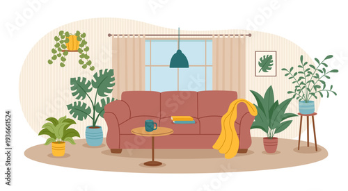 Living room interior with sofa and green houseplants. Concept of relax, greening, gardening, psychotherapy. Vector hand drawn background.