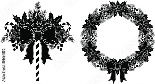 Christmas, wreath, silhouette, vector, holiday, winter, decoration, holly, berry, ribbon, bow, festive, celebration, evergreen, botanical,