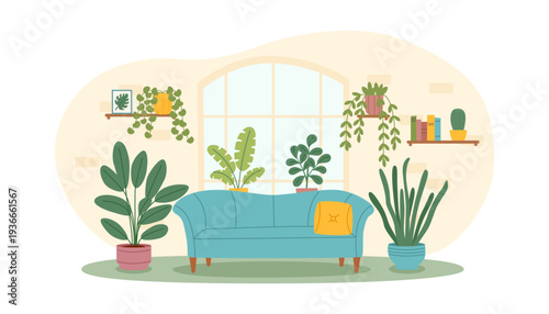 Room interior with sofa and green houseplants. Concept of relax, greening, gardening, psychotherapy. Vector hand drawn background.