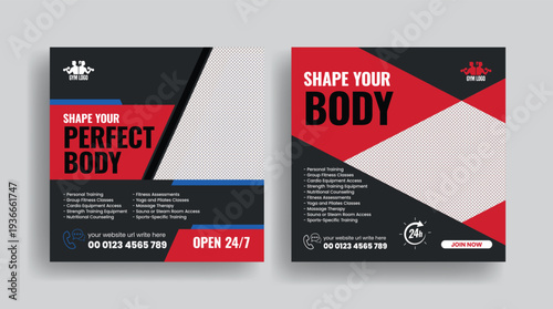 Gym fitness workout promotion social media post template bundle with square flyer poster design, banner ads and web banner marketing layout for personal trainer fitness club