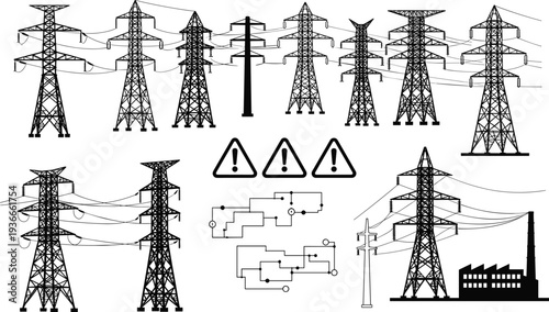 Silhouette illustrations of electrical transmission towers pylons warning signs utility poles and circuit diagrams representing energy infrastructure for power distribution industry