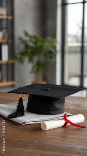 Wallpaper Mural Neatly Folded Cap and Gown Beside Diploma on Rustic Wooden Table in Bright Environment Torontodigital.ca