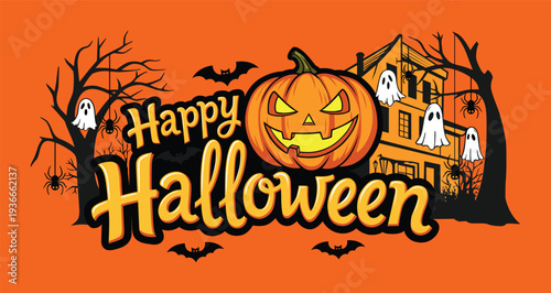Happy Halloween Pumpkin Theme Design.Happy Halloween Spooky Night Illustration.