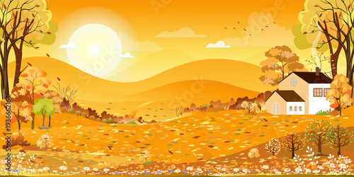Autumn Fields Landscape with mountain,Orange,Yellow Sky and Clouds background,Panorama peaceful rural natural in village with grass land. Cartoon,Vector illustration horizon Fall season banner