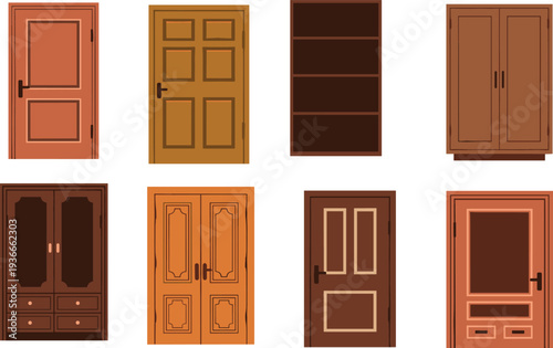 Wooden door and wardrobe furniture collection with classic and modern styles, interior home decor elements vector illustration isolated on white