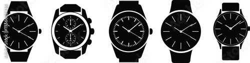 Wristwatch silhouette collection with modern analog watch designs, luxury timepiece icons set for fashion accessory time measurement vector illustration