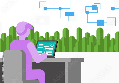 A digital nomad works on a laptop in a modern workspace, surrounded by abstract network graphics. Vibrant green foliage adds a refreshing touch. Focus on productivity and remote work.