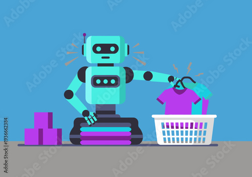 A friendly robot assists with laundry care, showcasing a modern home robot concept. Bright colors and clean design create a visually appealing illustration.