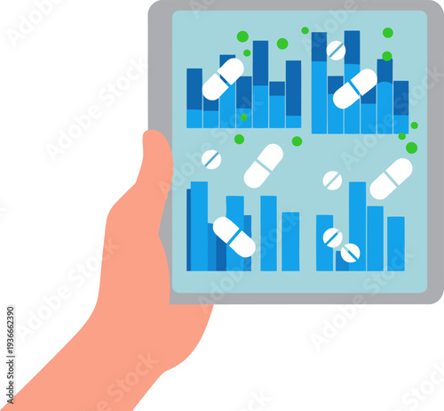 A hand holds a tablet displaying patient intake monitor data with pills and charts. Modern, clean design. Ideal for healthcare and technology visuals.