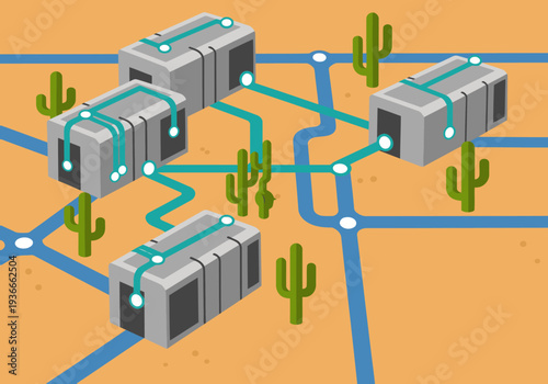 Modern coworking hub illustration set in an arid landscape. Connected buildings and cacti create a unique, vibrant workspace concept. Ideal for business and technology visuals.