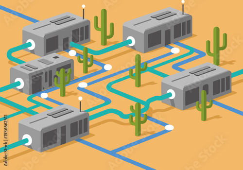 Modern coworking hub amidst a desert landscape. Sleek buildings connect with cacti, showcasing a blend of business and nature. Ideal for tech, remote work, and arid zone themes.