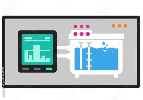 Modern illustration depicts smart water sensor data displayed on a tablet, connected to a tank with water level monitoring. Clean, graphic design for tech and industrial applications.