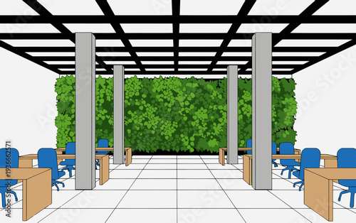 A modern office interior features a lush vertical garden backdrop, creating a calming and productive workspace. Clean lines and natural elements enhance the aesthetic.