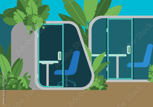 Modern private work pods nestled within a lush, tropical setting. Clean design, bright green hues, and a productive workspace. Ideal for business and lifestyle visuals.