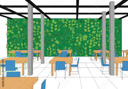 A modern office space features a lush vertical garden wall, creating a tranquil and productive environment. Tables and chairs are arranged beneath a pergola.