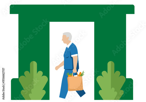 A senior man walks through an archway carrying a grocery bag. Illustrative style, focusing on a senior shopper. Clean, modern design.