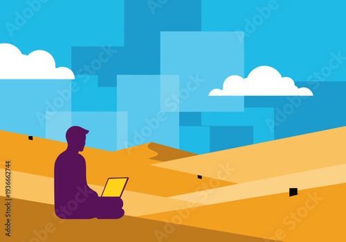 A silhouetted professional works on a laptop amidst a desert landscape. Modern, minimalist design with a vibrant color palette. Ideal for business and remote work concepts.