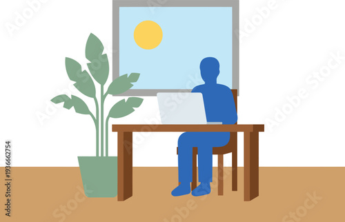A silhouette works remotely, bathed in sunlight near a window with greenery. A modern, calm workspace promotes focus and well-being. Remote green space.