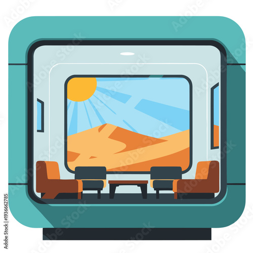 A stylish, sustainable office pod offers a serene desert view. Modern design, inviting seating, and a bright, airy interior create a productive and relaxing workspace.