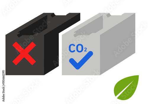 Two concrete blocks compare carbon footprint ? one with a ?X? for CO2 emissions, the other with a ?checkmark? and a leaf. Clean, modern graphic illustration.