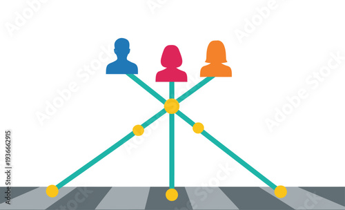 Three diverse creator silhouettes connect, symbolizing collaboration and networking. A modern graphic design illustrating a creator meet-up group. Bright, clean, and professional.